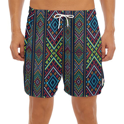 Pixel Ethnic Pattern Print Men's Split Running Shorts