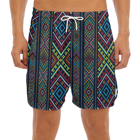 Pixel Ethnic Pattern Print Men's Split Running Shorts