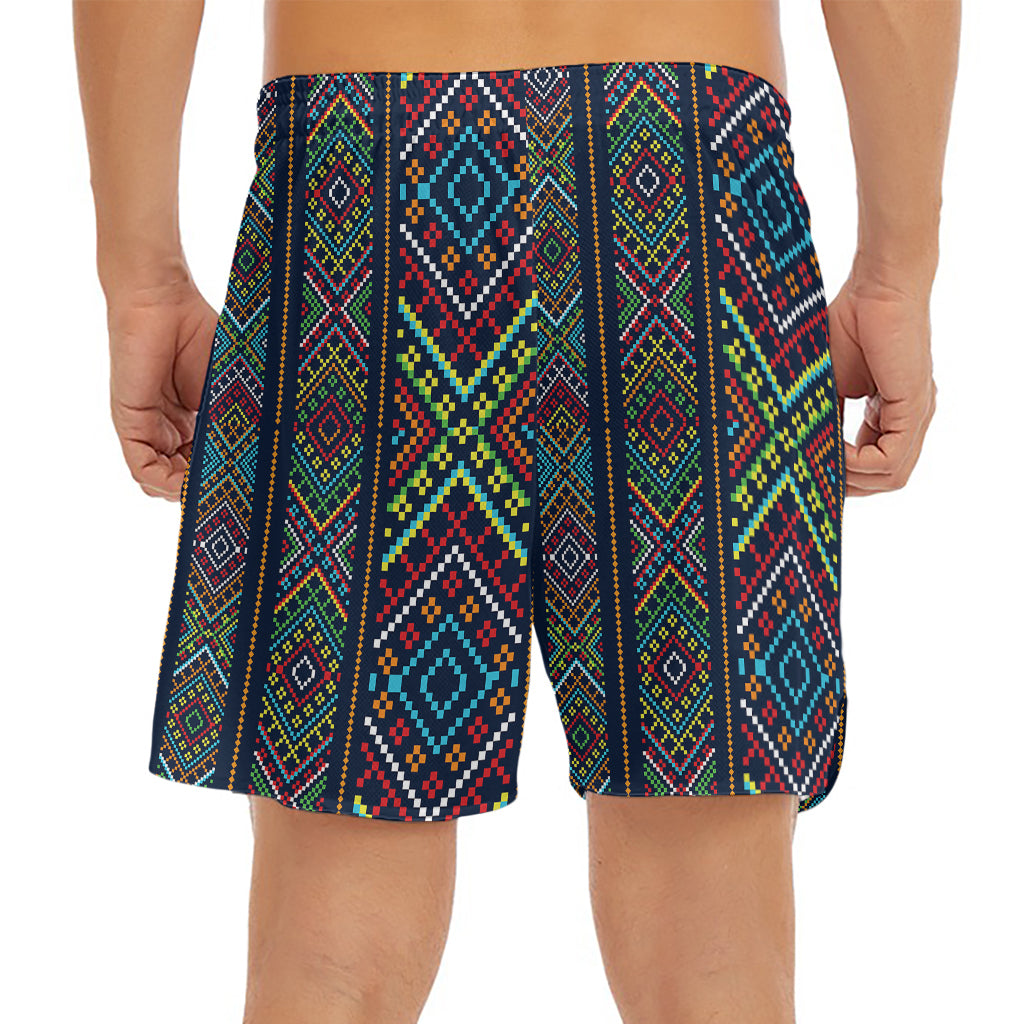 Pixel Ethnic Pattern Print Men's Split Running Shorts