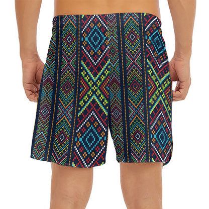 Pixel Ethnic Pattern Print Men's Split Running Shorts
