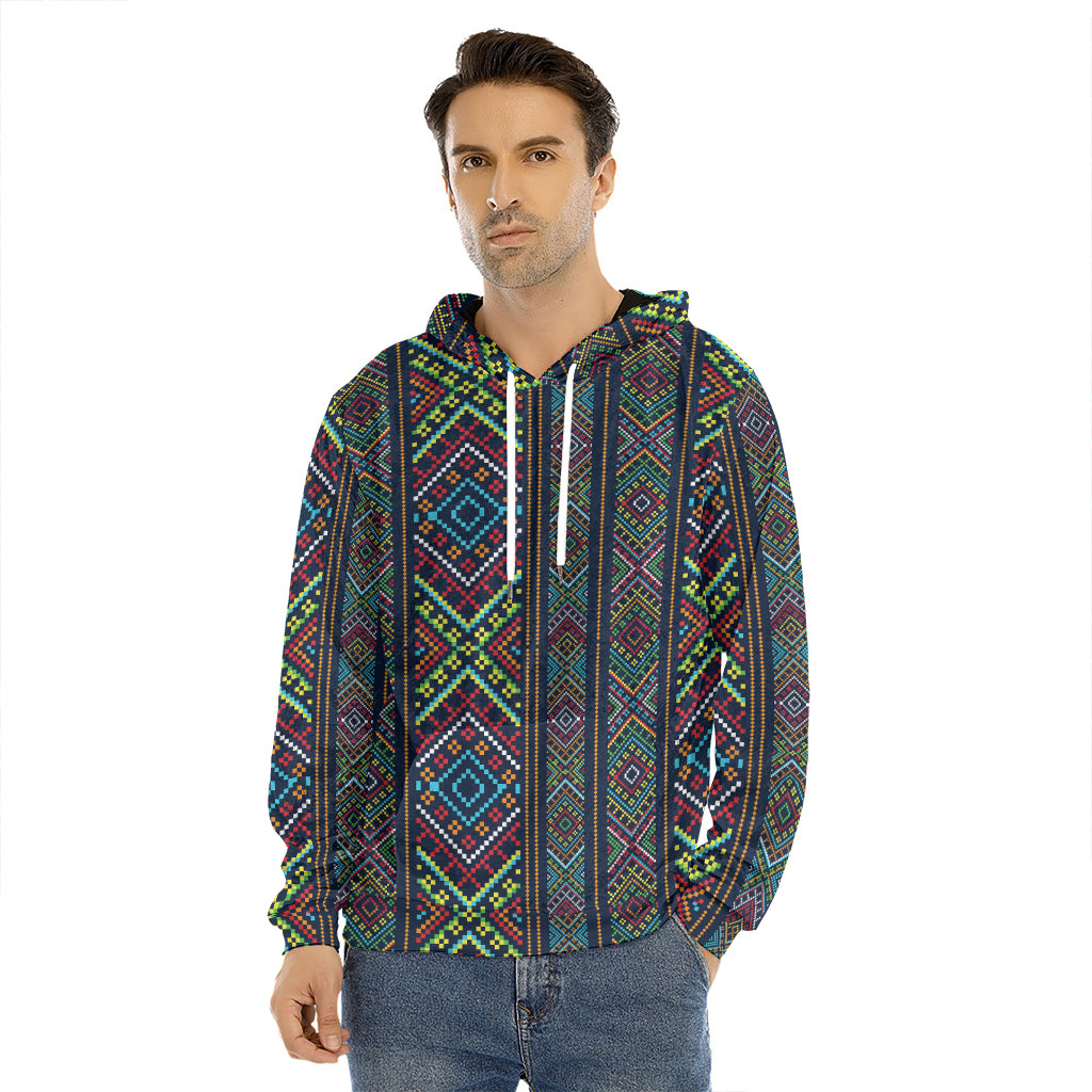 Pixel Ethnic Pattern Print Men's Velvet Pullover Hoodie