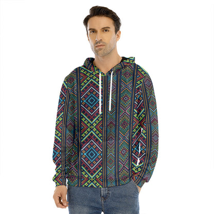 Pixel Ethnic Pattern Print Men's Velvet Pullover Hoodie