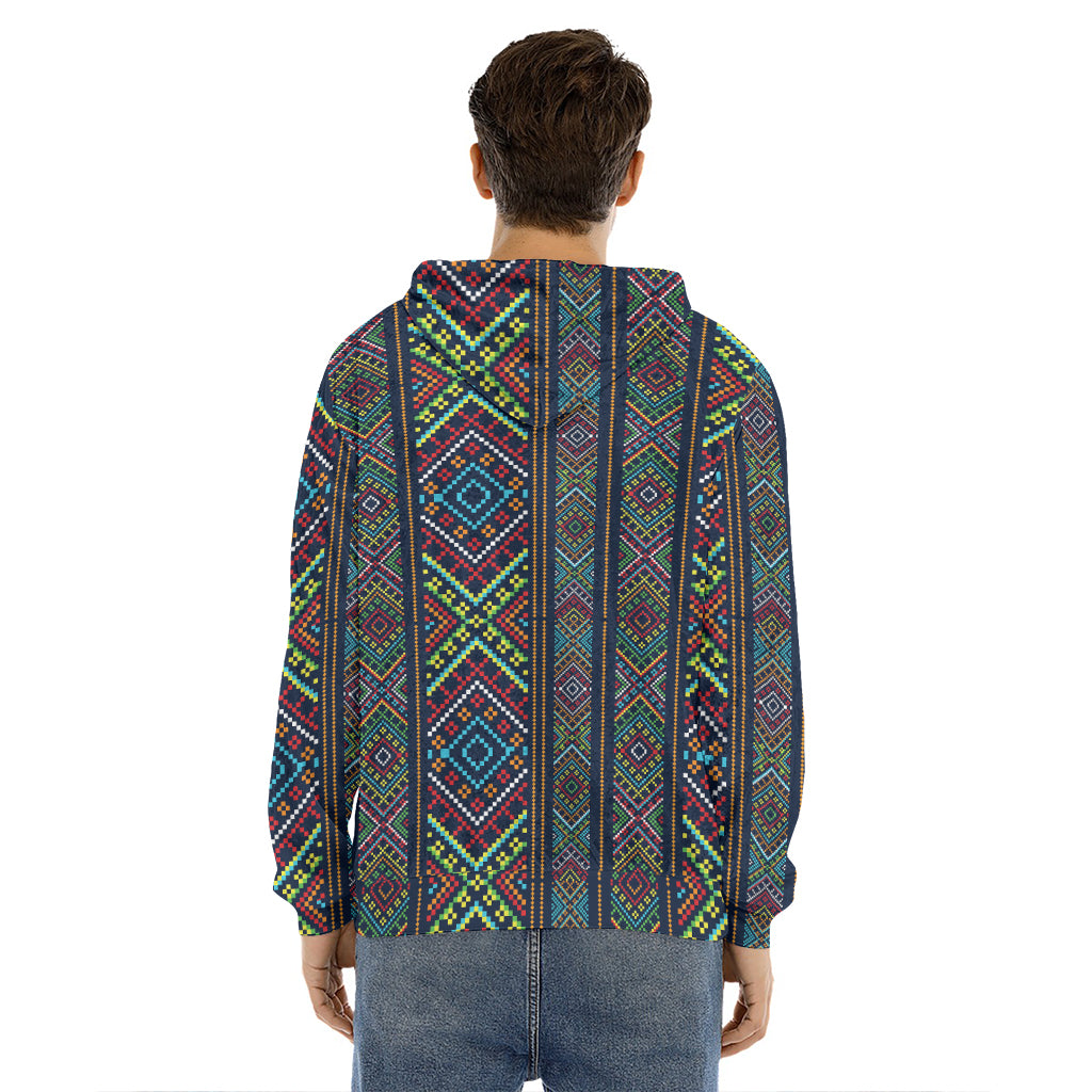 Pixel Ethnic Pattern Print Men's Velvet Pullover Hoodie