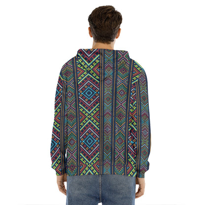 Pixel Ethnic Pattern Print Men's Velvet Pullover Hoodie
