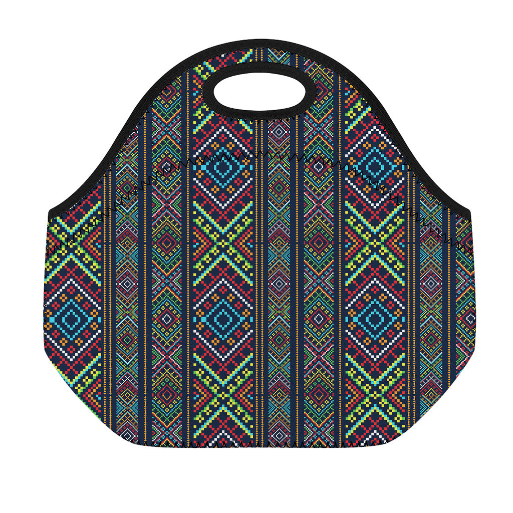 Pixel Ethnic Pattern Print Neoprene Lunch Bag