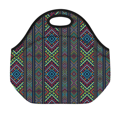 Pixel Ethnic Pattern Print Neoprene Lunch Bag