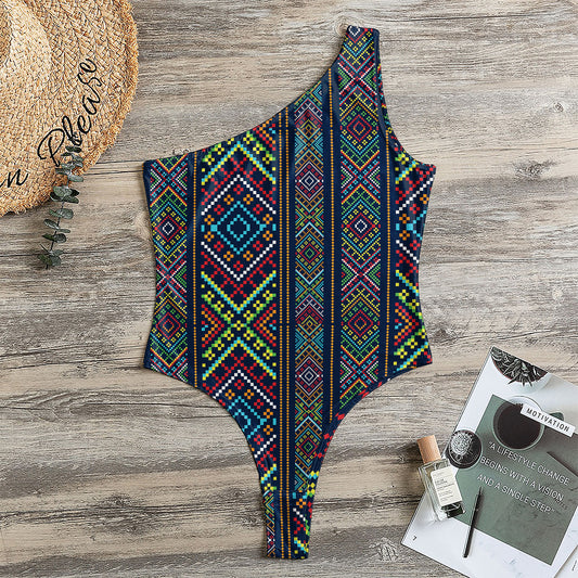 Pixel Ethnic Pattern Print One Shoulder Bodysuit