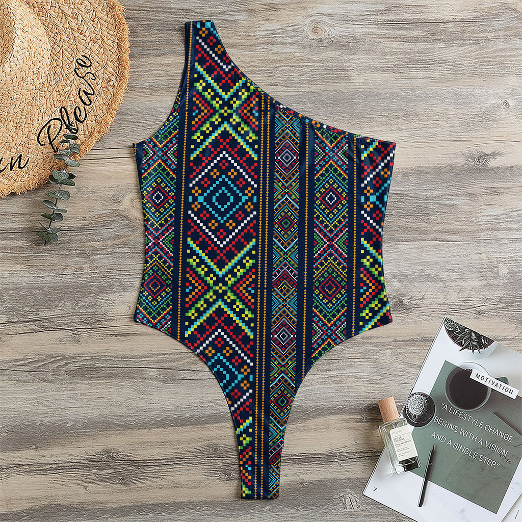 Pixel Ethnic Pattern Print One Shoulder Bodysuit
