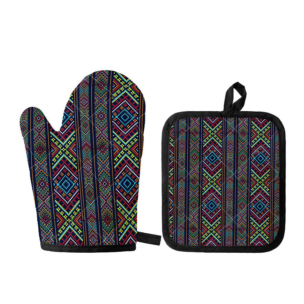 Pixel Ethnic Pattern Print Oven Mitt And Pot Holder Set