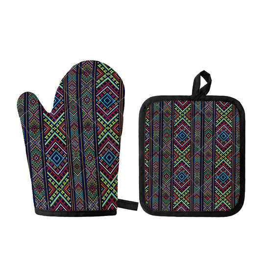 Pixel Ethnic Pattern Print Oven Mitt And Pot Holder Set