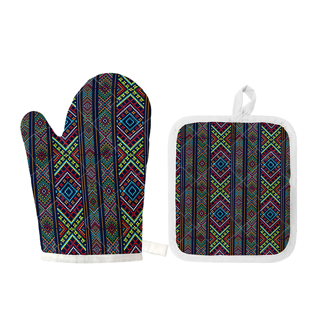 Pixel Ethnic Pattern Print Oven Mitt And Pot Holder Set