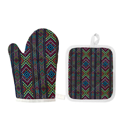Pixel Ethnic Pattern Print Oven Mitt And Pot Holder Set