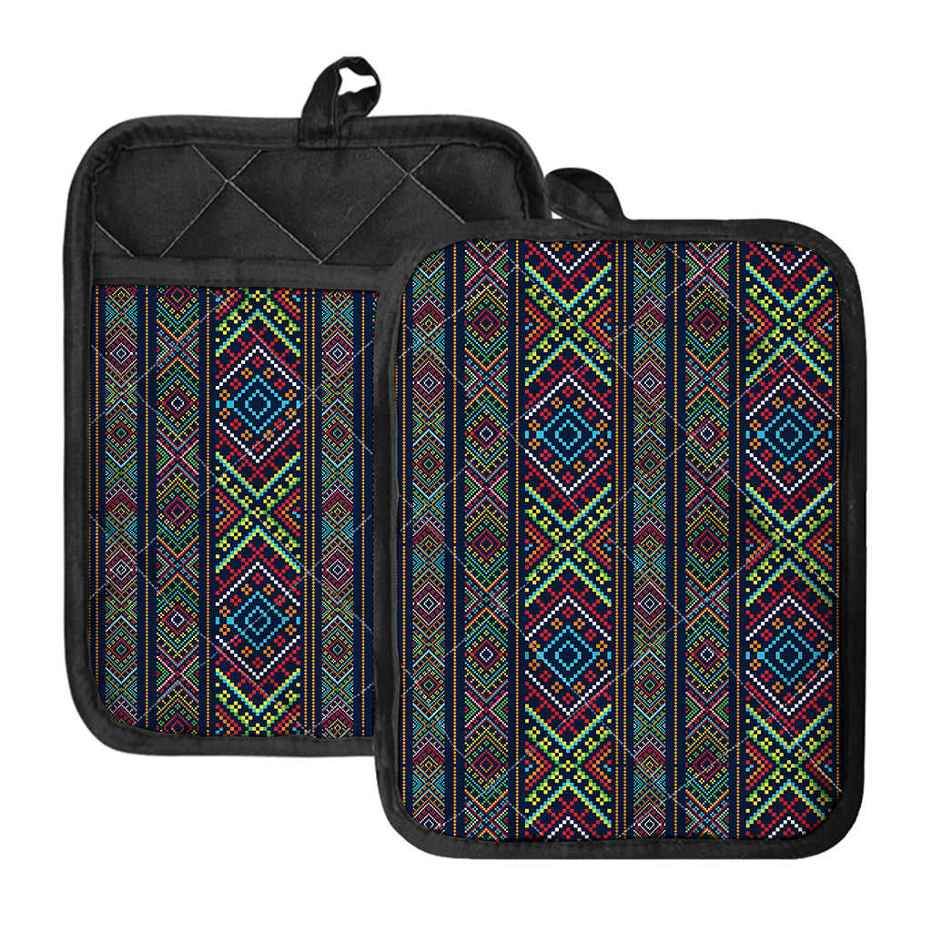 Pixel Ethnic Pattern Print Pot Holders With Pocket