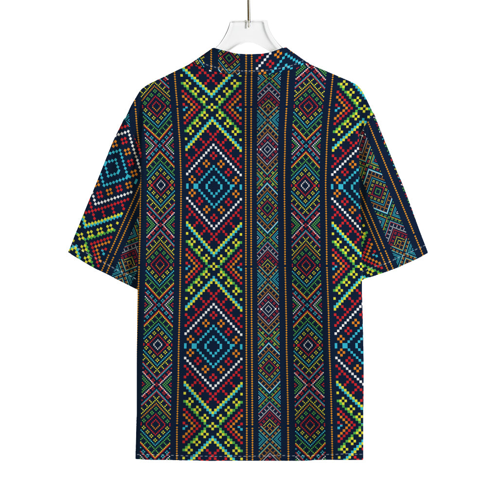 Pixel Ethnic Pattern Print Rayon Hawaiian Shirt