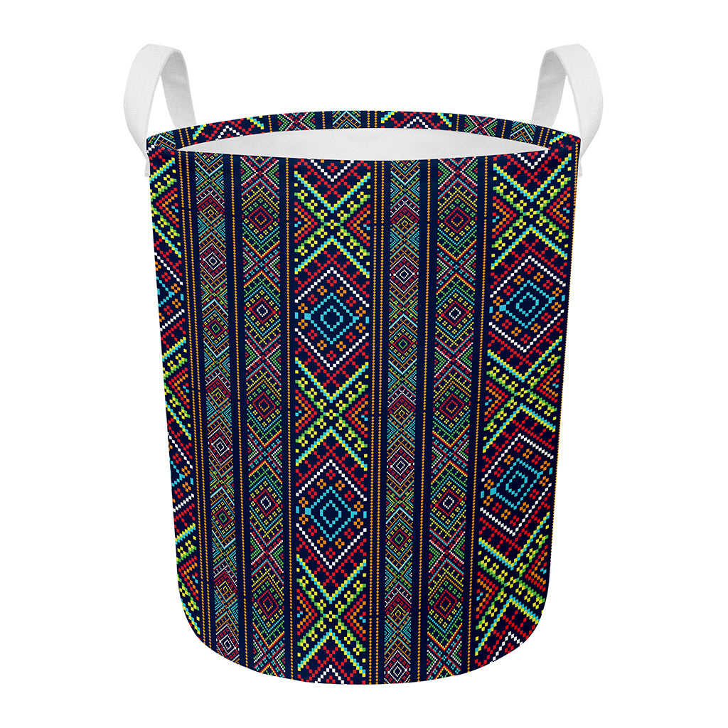 Pixel Ethnic Pattern Print Round Laundry Basket
