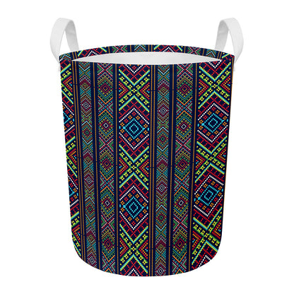 Pixel Ethnic Pattern Print Round Laundry Basket