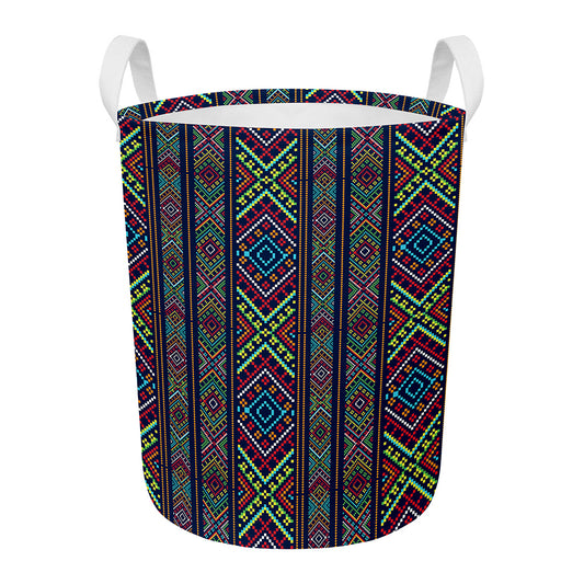 Pixel Ethnic Pattern Print Round Laundry Basket