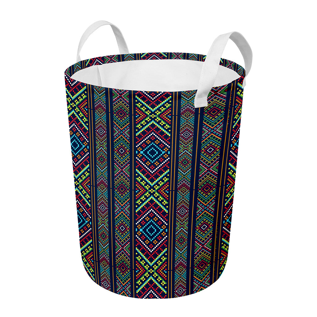 Pixel Ethnic Pattern Print Round Laundry Basket