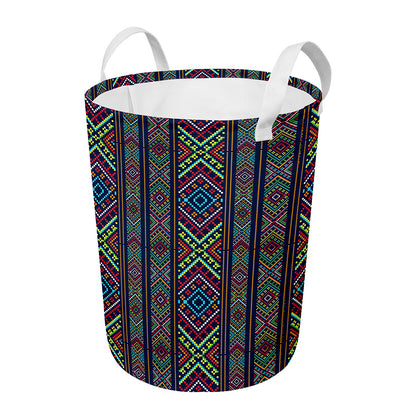 Pixel Ethnic Pattern Print Round Laundry Basket