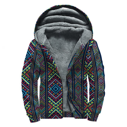 Pixel Ethnic Pattern Print Sherpa Lined Zip Up Hoodie