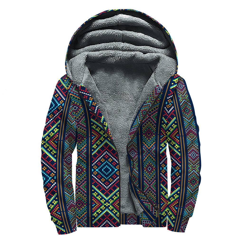 Pixel Ethnic Pattern Print Sherpa Lined Zip Up Hoodie