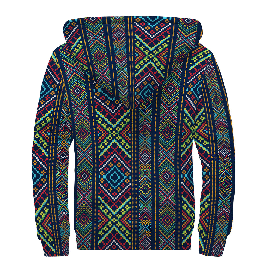 Pixel Ethnic Pattern Print Sherpa Lined Zip Up Hoodie