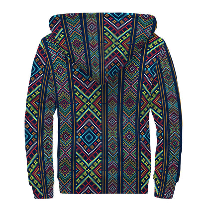 Pixel Ethnic Pattern Print Sherpa Lined Zip Up Hoodie