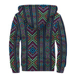 Pixel Ethnic Pattern Print Sherpa Lined Zip Up Hoodie