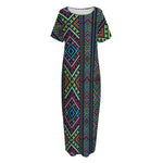 Pixel Ethnic Pattern Print Short Sleeve Long Nightdress
