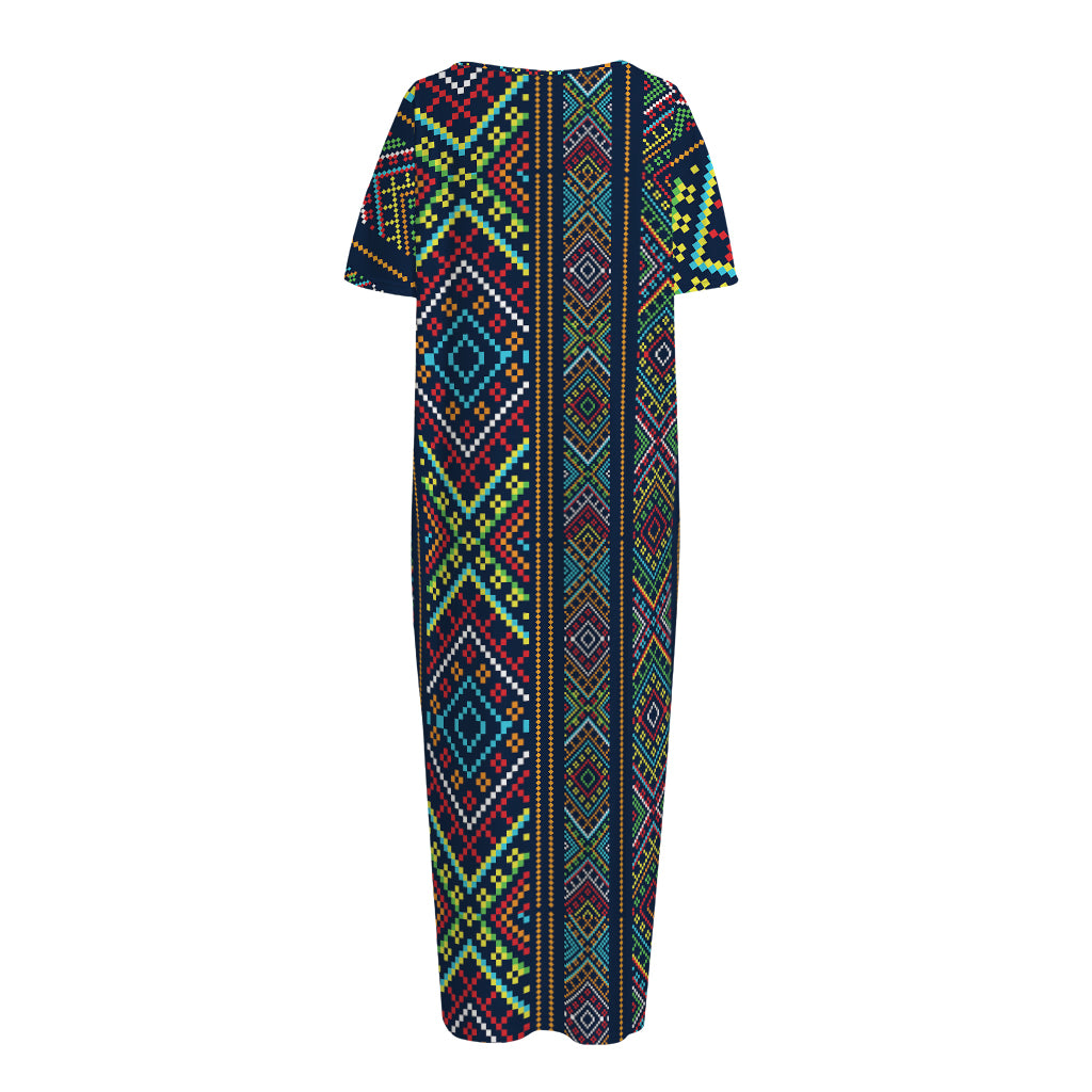 Pixel Ethnic Pattern Print Short Sleeve Long Nightdress