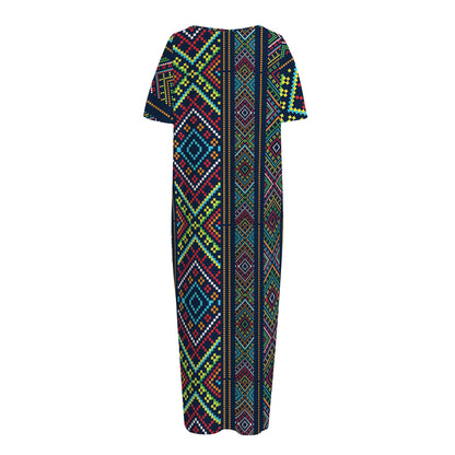 Pixel Ethnic Pattern Print Short Sleeve Long Nightdress