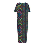 Pixel Ethnic Pattern Print Short Sleeve Long Nightdress