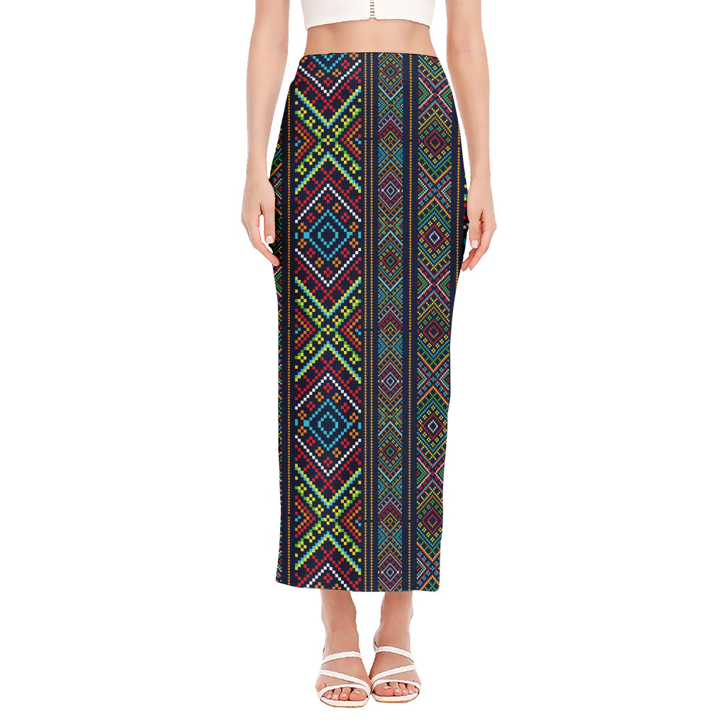 Pixel Ethnic Pattern Print Side Slit Maxi Skirt