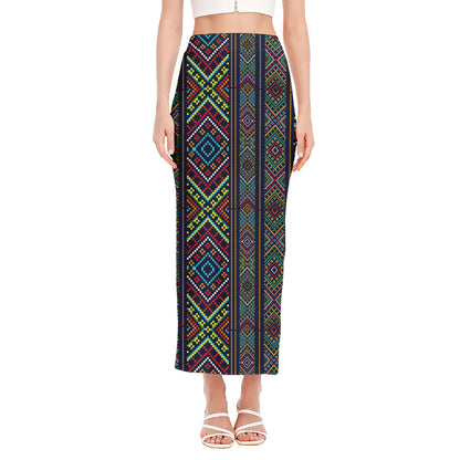 Pixel Ethnic Pattern Print Side Slit Maxi Skirt