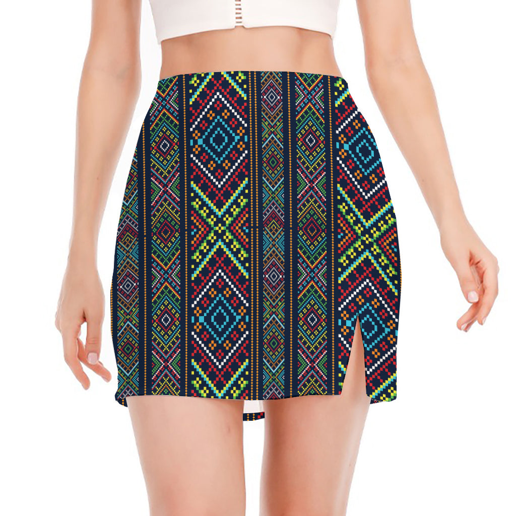 Pixel Ethnic Pattern Print Side Slit Mini Skirt