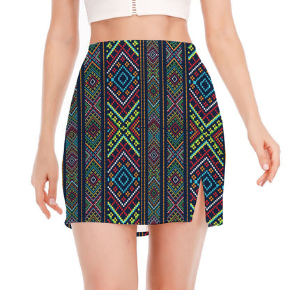 Pixel Ethnic Pattern Print Side Slit Mini Skirt