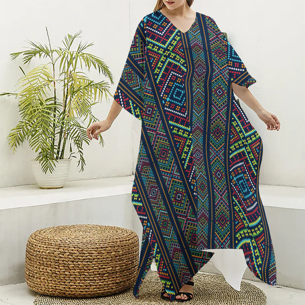 Pixel Ethnic Pattern Print Silk V-Neck Kaftan Dress