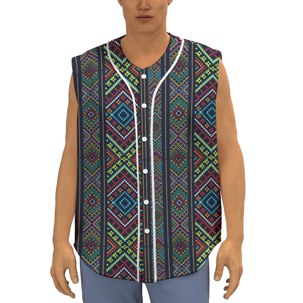 Pixel Ethnic Pattern Print Sleeveless Baseball Jersey