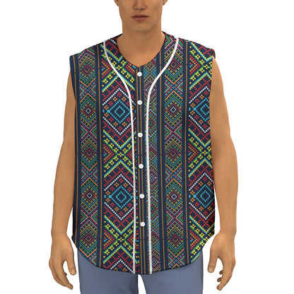 Pixel Ethnic Pattern Print Sleeveless Baseball Jersey