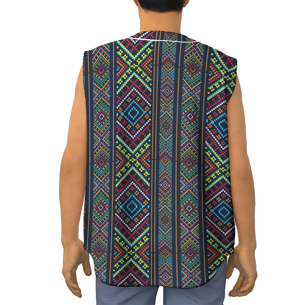 Pixel Ethnic Pattern Print Sleeveless Baseball Jersey