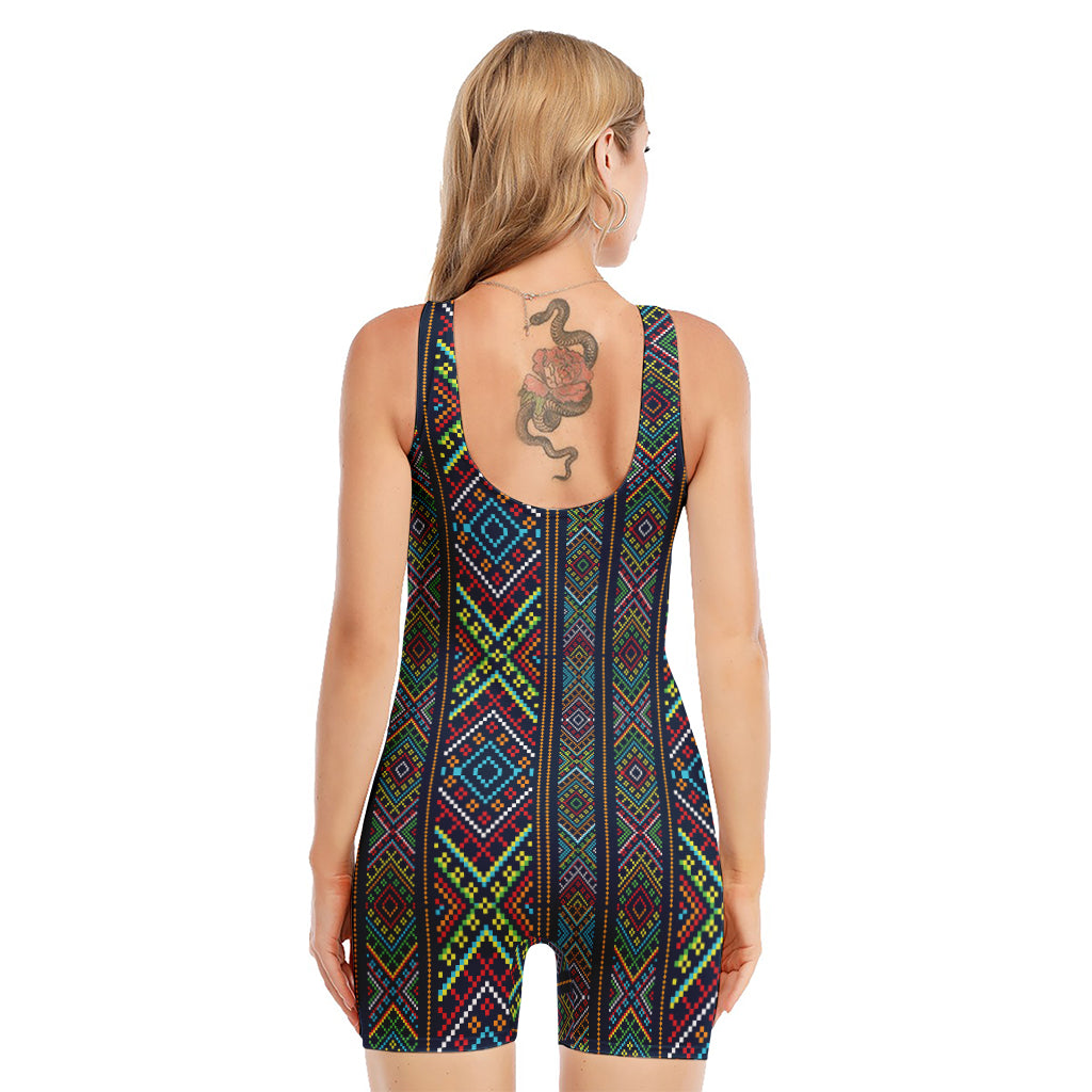 Pixel Ethnic Pattern Print Sleeveless One Piece Swimsuit