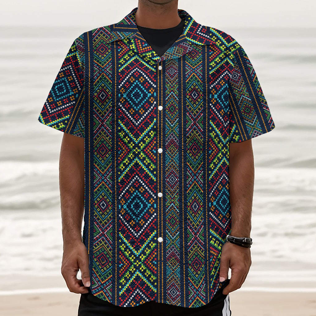 Pixel Ethnic Pattern Print Textured Short Sleeve Shirt