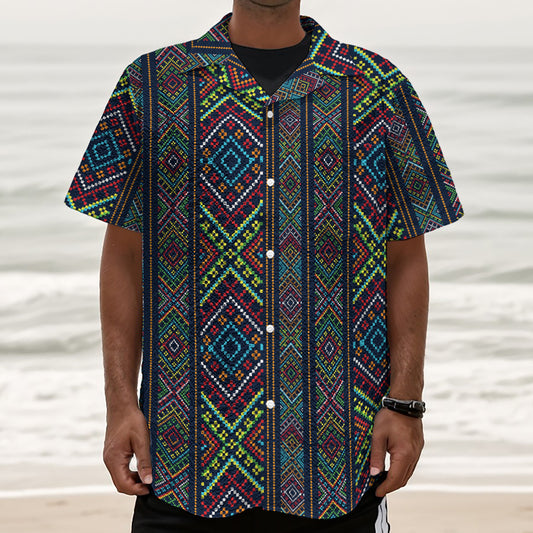 Pixel Ethnic Pattern Print Textured Short Sleeve Shirt