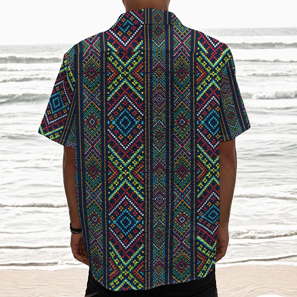 Pixel Ethnic Pattern Print Textured Short Sleeve Shirt