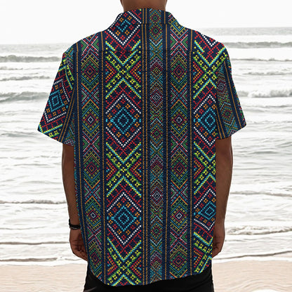 Pixel Ethnic Pattern Print Textured Short Sleeve Shirt