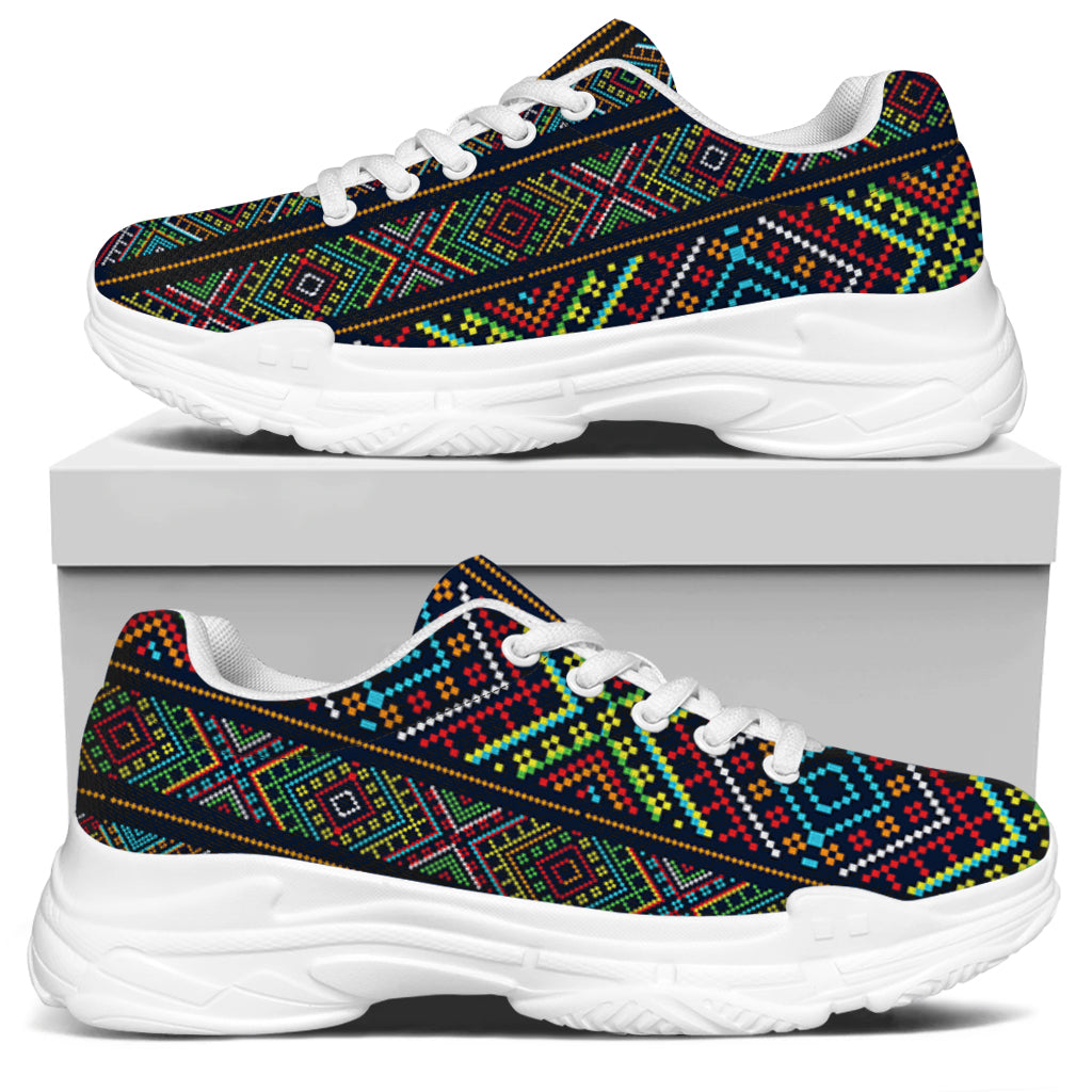 Pixel Ethnic Pattern Print White Chunky Shoes