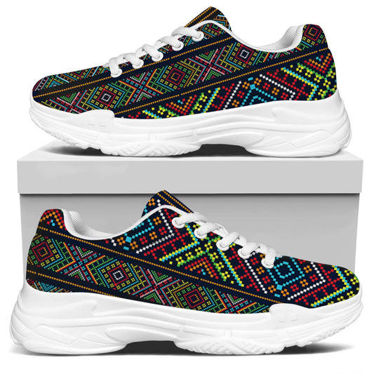 Pixel Ethnic Pattern Print White Chunky Shoes