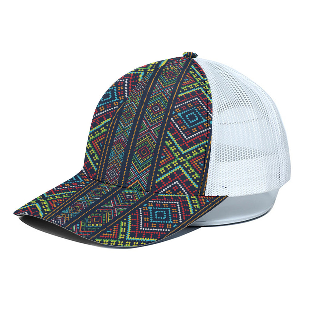 Pixel Ethnic Pattern Print White Mesh Trucker Cap