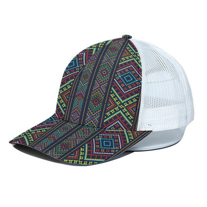 Pixel Ethnic Pattern Print White Mesh Trucker Cap