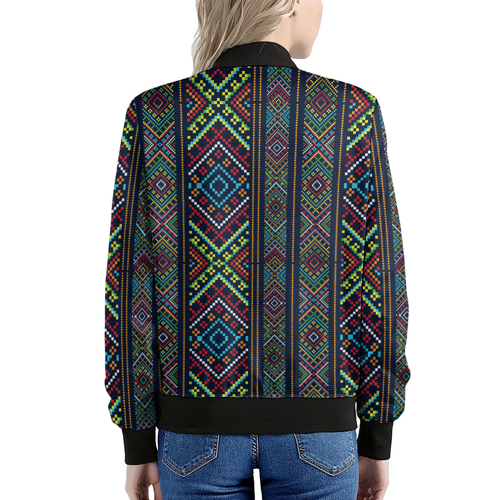 Pixel Ethnic Pattern Print Women's Bomber Jacket